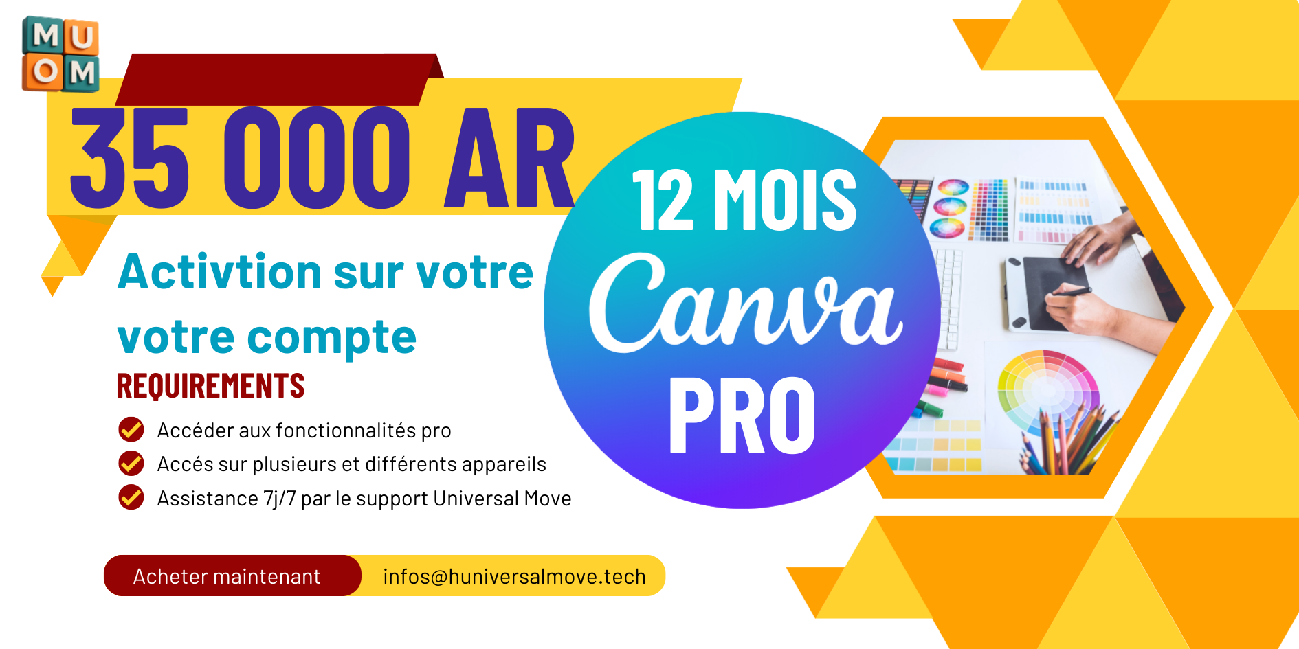 Canva Pro rattaché sur votre compte personnel, seulement pour 35 000 Ariary pendant 12 mois. Activation stable et sous garantie.